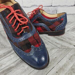Cole Haan Womens 7.5 B Wingtip Oxford Tartan Plaid Wool Leather Shoes Red/Blue